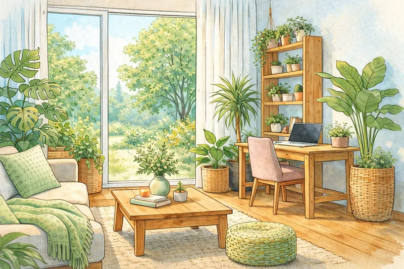 Piirroskuvitus biofiilisestä olo- ja työtilasta, runsaasti kasveja, luonnonvaloa ja puupintoja rauhallisessa sisäympäristössä.