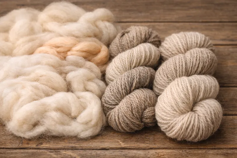 Luonnonsävyistä kehräysvillaa ja käsin kehrättyä lankaa puupinnalla lähikuvassa.